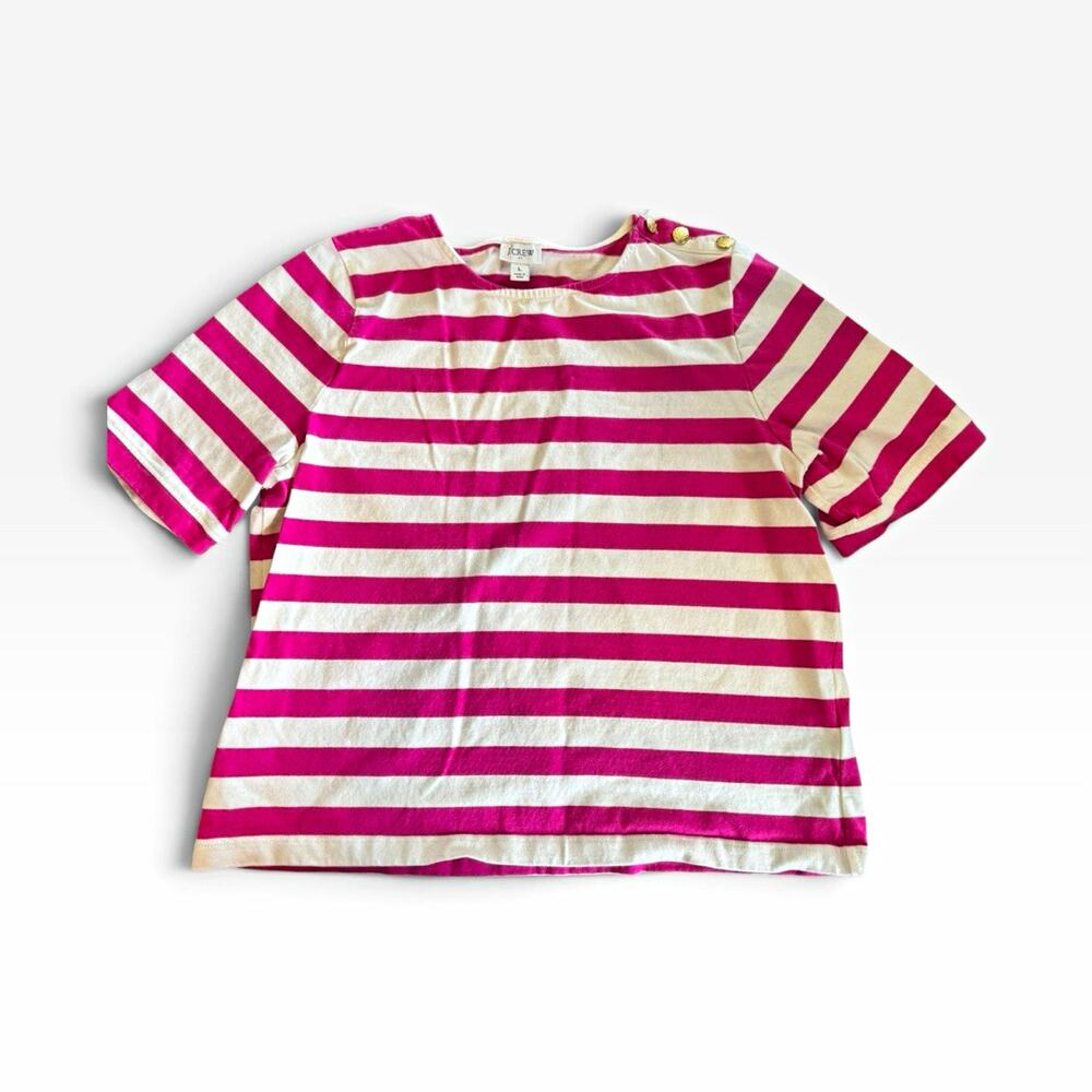 J.CREW Women's L Pink/White Striped Crew Neck Short Sleeve Knit Pullover Tee